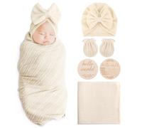 AQOKKA Newborn Receiving Blanket with Bow Hat Mittens Wooden Card Set Wheat-Pattern Newborns Toddler Baby Boy Girl Nursery Swaddle Wrap