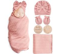 AQOKKA Newborn Receiving Blanket with Bow Hat Mittens Wooden Card Set Wheat-Pattern Newborns Toddler Baby Boy Girl Nursery Swaddle Wrap