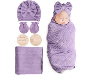 AQOKKA Newborn Receiving Blanket with Bow Hat Mittens Wooden Card Set Wheat-Pattern Newborns Toddler Baby Boy Girl Nursery Swaddle Wrap