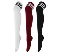 AQOKKA Thigh High Socks for Women Striped Over Knee Thigh Socks Long Boot Thigh High Stockings Leg Warmers for Girls, 3 Pairs: White/Wine Red/Black, One size