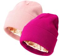 AQOKKA Womens Satin Lined Knit Beanies Hat Warm Silk Lined Winter Hat for Women Men Soft Slouchy Cuffed Unisex Skull Cap, Pcs: Pink, Fuschia, One Size
