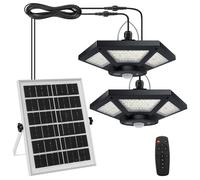 Aqonsie Solar Shed Light Indoor Outdoor, 180LED Dual Head Solar Powered Pendant Daytime Work Lights with 5 Lighting Modes & 3 Timers, Motion Sensor with Remote for Shed, Barn, Garage