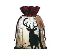 AQRJKHD Christmas Drawstring Gift Bags Buffalo Plaid Xmas Gift Sack with Tag & Tie Deer Silhouette Wrapping Sacks Pouches Favor Santa Bag for Wrapping Presents Christmas Birthday Party Xmas Party