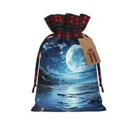 AQRJKHD Christmas Drawstring Gift Bags Buffalo Plaid Xmas Gift Sack with Tag & Tie Moon Over Ocean Wrapping Sacks Pouches Favor Santa Bag for Wrapping Presents Christmas Birthday Party Xmas Party