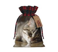 AQRJKHD Christmas Drawstring Gift Bags Buffalo Plaid Xmas Gift Sack with Tag & Tie Sleeping Cat Wrapping Sacks Pouches Favor Santa Bag for Wrapping Presents Christmas Birthday Party Xmas Party