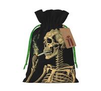 AQRJKHD Christmas Drawstring Gift Bags Xmas Gift Sack with Tag & Tie A Skeleton with Burning Cigarette Wrapping Sacks Pouches Favor Santa Bag for Wrapping Presents Christmas Birthday Party Xmas Party