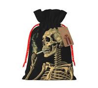 AQRJKHD Christmas Drawstring Gift Bags Xmas Gift Sack with Tag & Tie A Skeleton with Burning Cigarette Wrapping Sacks Pouches Favor Santa Bag for Wrapping Presents Christmas Birthday Party Xmas Party
