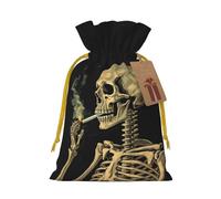 AQRJKHD Christmas Drawstring Gift Bags Xmas Gift Sack with Tag & Tie A Skeleton with Burning Cigarette Wrapping Sacks Pouches Favor Santa Bag for Wrapping Presents Christmas Birthday Party Xmas Party