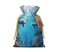 AQRJKHD Christmas Drawstring Gift Bags Xmas Gift Sack with Tag & Tie Blue Ocean Underwater Fish Wrapping Sacks Pouches Favor Santa Bag for Wrapping Presents Christmas Birthday Party Xmas Party