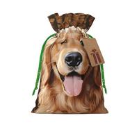 AQRJKHD Christmas Drawstring Gift Bags Xmas Gift Sack with Tag & Tie Cute golden retriever Wrapping Sacks Pouches Favor Santa Bag for Wrapping Presents Christmas Birthday Party Xmas Party