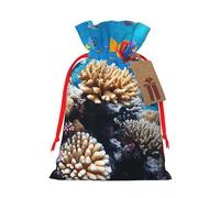 AQRJKHD Christmas Drawstring Gift Bags Xmas Gift Sack with Tag & Tie Ocean Tropical Fish Coral Wrapping Sacks Pouches Favor Santa Bag for Wrapping Presents Christmas Birthday Party Xmas Party