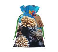 AQRJKHD Christmas Drawstring Gift Bags Xmas Gift Sack with Tag & Tie Ocean Tropical Fish Coral Wrapping Sacks Pouches Favor Santa Bag for Wrapping Presents Christmas Birthday Party Xmas Party