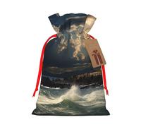 AQRJKHD Christmas Drawstring Gift Bags Xmas Gift Sack with Tag & Tie Old Lighthouse by The Sea Wrapping Sacks Pouches Favor Santa Bag for Wrapping Presents Christmas Birthday Party Xmas Party