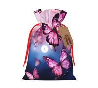 AQRJKHD Christmas Drawstring Gift Bags Xmas Gift Sack with Tag & Tie Pink Butterflies Wrapping Sacks Pouches Favor Santa Bag for Wrapping Presents Christmas Birthday Party Xmas Party
