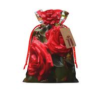 AQRJKHD Christmas Drawstring Gift Bags Xmas Gift Sack with Tag & Tie Red Roses Bush in The Garden Wrapping Sacks Pouches Favor Santa Bag for Wrapping Presents Christmas Birthday Party Xmas Party