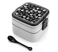 AQRJLPM Black And White Paw Print Bento Box Double-Layer Bento Lunch Container with Spoon And Invisible Handle Adult Leak-Proof Lunchbox for Dining Out Work Picnics Travel