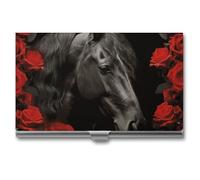 AQRJLPM Black Horse on A Background of Red Roses Business Card Holder Business Card Case Pocket Card Holders Metal Slim Name Card Holder Professional Multi Wallet Credit Card ID Case for Men Women,