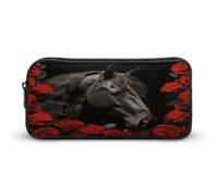 AQRJLPM Black Horse on A Background of Red Roses Pencil Pouch Big Capacity Simple Marker Pouch Portable Aesthetic Zipper Pencil Case