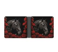 AQRJLPM Black Horse on A Background of Red Roses Wallet with Money Clip Leather Bifold Wallet Slim Credit Card Holder Gift for Men