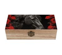 AQRJLPM Black Horse on A Background of Red Roses Wooden Storage Box with Hinged Lid Rectangle Large Retro Design Wooden Box Keepsake Recipe Or Jewelry Storage Box for Crafts Decoration Gift