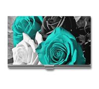 AQRJLPM Black White Teal Gray Rose Flowers Business Card Holder Business Card Case Pocket Card Holders Metal Slim Name Card Holder Professional Multi Wallet Credit Card ID Case for Men Women, silver,