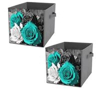AQRJLPM Black White Teal Gray Rose Flowers Storage Bins Collapsible Cube Storage Organizer Bins Closet Storage Boxes Baskets with Leather Handles for Organizing Clothes Sheets Jeans Books