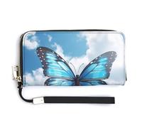 AQRJLPM Blue Butterfly And Clouds Wallet Leather Zipper Around Clutch Wallet Large Capacity Purse with Wristlet Strap, white, 20.0*10.5cm, Wallet