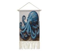 AQRJLPM Blue Octopus Wall Artwork Painting with Tassels Long Vertical Wall Tapestry Cotton And Linen Hanging Poster Decoration for Bedroom Living Room Dorm Office