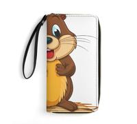 AQRJLPM Cartoon Animated Beaver Wallet Leather Zipper Around Clutch Wallet Large Capacity Purse with Wristlet Strap, white, 19.7x10.5cm