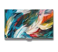 AQRJLPM Colorful Feather Pattern Business Card Holder Business Card Case Pocket Card Holders Metal Slim Name Card Holder Professional Multi Wallet Credit Card ID Case for Men Women, silver, One Size