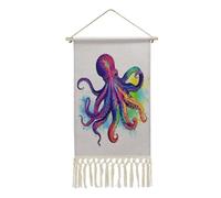AQRJLPM Colorful Octopus Wall Artwork Painting with Tassels Long Vertical Wall Tapestry Cotton And Linen Hanging Poster Decoration for Bedroom Living Room Dorm Office
