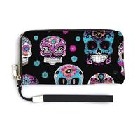AQRJLPM Colorful Skulls Print Wallet Leather Zipper Around Clutch Wallet Large Capacity Purse with Wristlet Strap, white, 20.0*10.5cm, Wallet