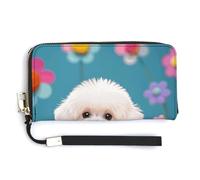 AQRJLPM Cute Bichon Frise Dog Wallet Leather Zipper Around Clutch Wallet Large Capacity Purse with Wristlet Strap, white, 20.0*10.5cm, Wallet