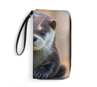 AQRJLPM Cute Otter Wallet Leather Zipper Around Clutch Wallet Large Capacity Purse with Wristlet Strap, white, 19.7x10.5cm