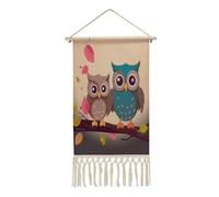 AQRJLPM Cute Owls Wall Artwork Painting with Tassels Long Vertical Wall Tapestry Cotton And Linen Hanging Poster Decoration for Bedroom Living Room Dorm Office