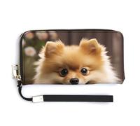 AQRJLPM Cute Pomeranian Dog Wallet Leather Zipper Around Clutch Wallet Large Capacity Purse with Wristlet Strap, white, 20.0*10.5cm, Wallet