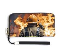 AQRJLPM Firefighter Fireman Flame Wallet Leather Zipper Around Clutch Wallet Large Capacity Purse with Wristlet Strap, White, 20.0*10.5cm