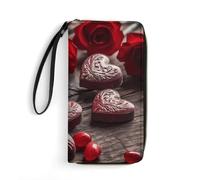 AQRJLPM Hearts on Table Wallet Leather Zipper Around Clutch Wallet Large Capacity Purse with Wristlet Strap, white, 19.7x10.5cm