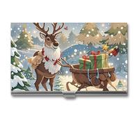AQRJLPM Reindeer Delivering Christmas Presents Business Card Holder Business Card Case Pocket Card Holders Metal Slim Name Card Holder Professional Multi Wallet Credit Card ID Case for Men Women,