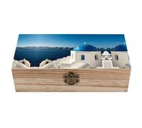 AQRJLPM Santorini Greek Island Sea View Wooden Storage Box with Hinged Lid Rectangle Large Retro Design Wooden Box Keepsake Recipe Or Jewelry Storage Box for Crafts Decoration Gift