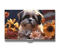 AQRJLPM Shih Tzu Dog And Flowers Business Card Holder Business Card Case Pocket Card Holders Metal Slim Name Card Holder Professional Multi Wallet Credit Card ID Case for Men Women, silver, One Size