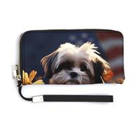 AQRJLPM Shih Tzu Dog And Flowers Wallet Leather Zipper Around Clutch Wallet Large Capacity Purse with Wristlet Strap, white, 20.0*10.5cm, Wallet
