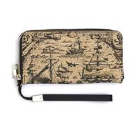 AQRJLPM Treasure Map Maritime Pirate Wallet Leather Zipper Around Clutch Wallet Large Capacity Purse with Wristlet Strap, white, 20.0*10.5cm, Wallet