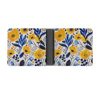AQRJLPM Yellow And Blue Flowers Wallet with Money Clip Leather Bifold Wallet Slim Credit Card Holder Gift for Men