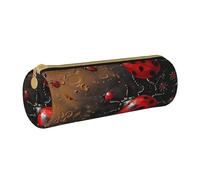 AQRJLPO Art Ladybug Tracks Printed Round Pencil Case, Cute Leather Pencil Bag Pen Case Pouch, School Stationery Organizer Makeup Bag for Boys Girls Students