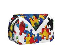 AQRJLPO Autism Awareness Puzzle Pieces Heart Print Pencil Case Double - Layer Flip Pencil Pouch Pen Organizer Makeup Bag for School, Travel and Work
