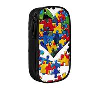 AQRJLPO Autism Awareness Puzzle Pieces Heart Prints Pencil Case for Students Boys Girls - Large Capacity Double-Layer Office School Stationery Pouch Pencil Holder,Black