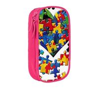 AQRJLPO Autism Awareness Puzzle Pieces Heart Prints Pencil Case for Students Boys Girls - Large Capacity Double-Layer Office School Stationery Pouch Pencil Holder,Pink
