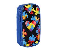 AQRJLPO Autism Awareness Puzzle Pieces Heart Prints Pencil Case for Students Boys Girls - Large Capacity Double-Layer Office School Stationery Pouch Pencil Holder,Blue