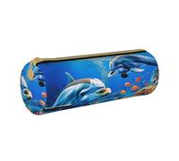 AQRJLPO Beautiful Underwater World Dolphins Coral Printed Round Pencil Case, Cute Leather Pencil Bag Pen Case Pouch, School Stationery Organizer Makeup Bag for Boys Girls Students